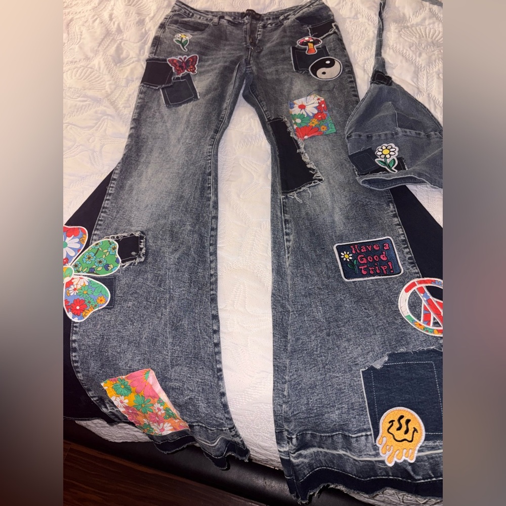 Dolls Kill Patchwork Flare Jeans - Black and Gray